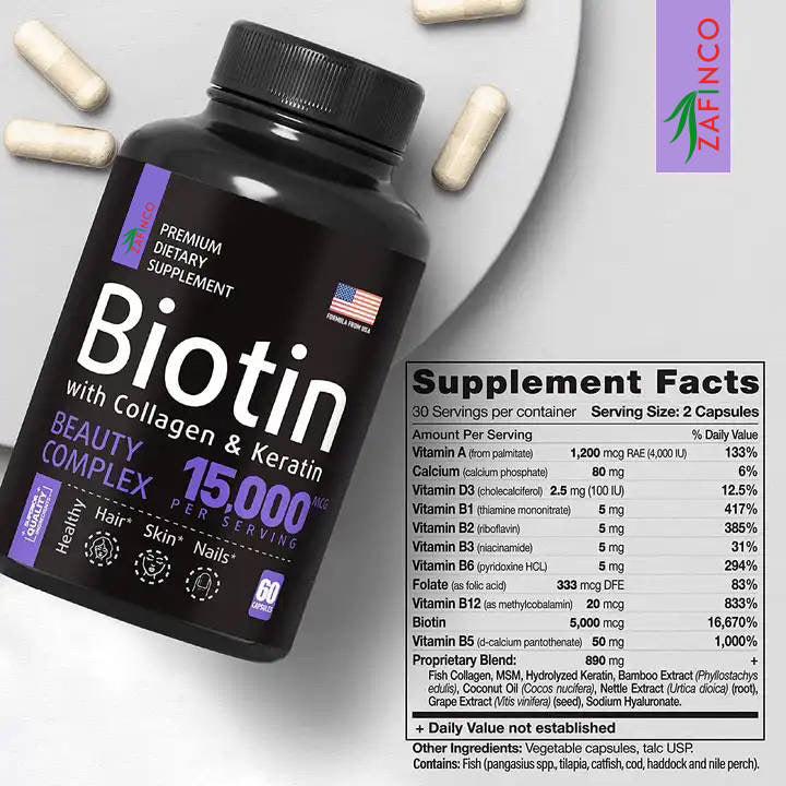 Biotin, Collagen, Keratin, and Hyaluronic Acid - Hair Growth Support Pills, 15000 mcg - Made in the USA.